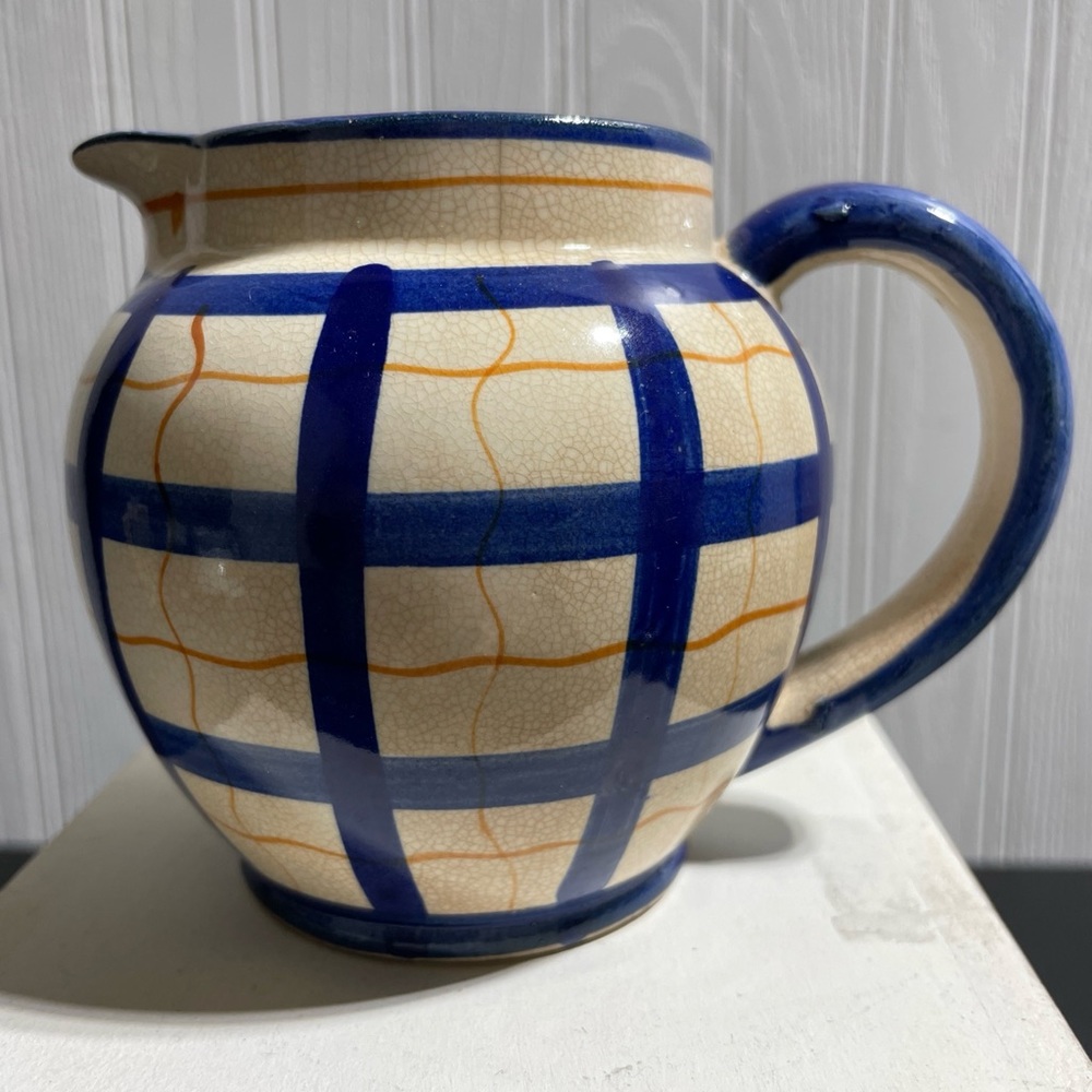 Small Vintage Japanese Porcelain Creamer
Hand Painted - Navy Blue Plaid /Orange